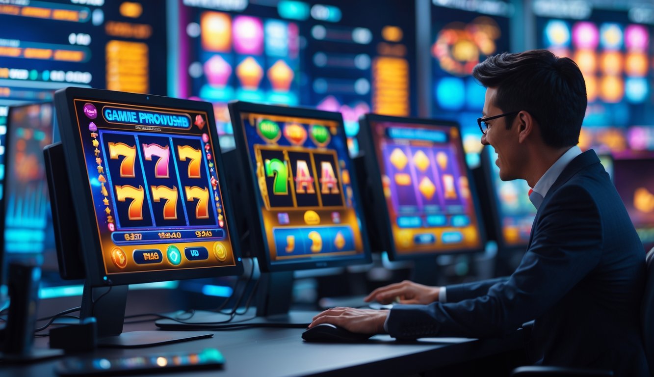 Seseorang menggunakan komputer dengan tampilan permainan slot online berwarna-warni di layar, di ruang kerja modern yang terang.