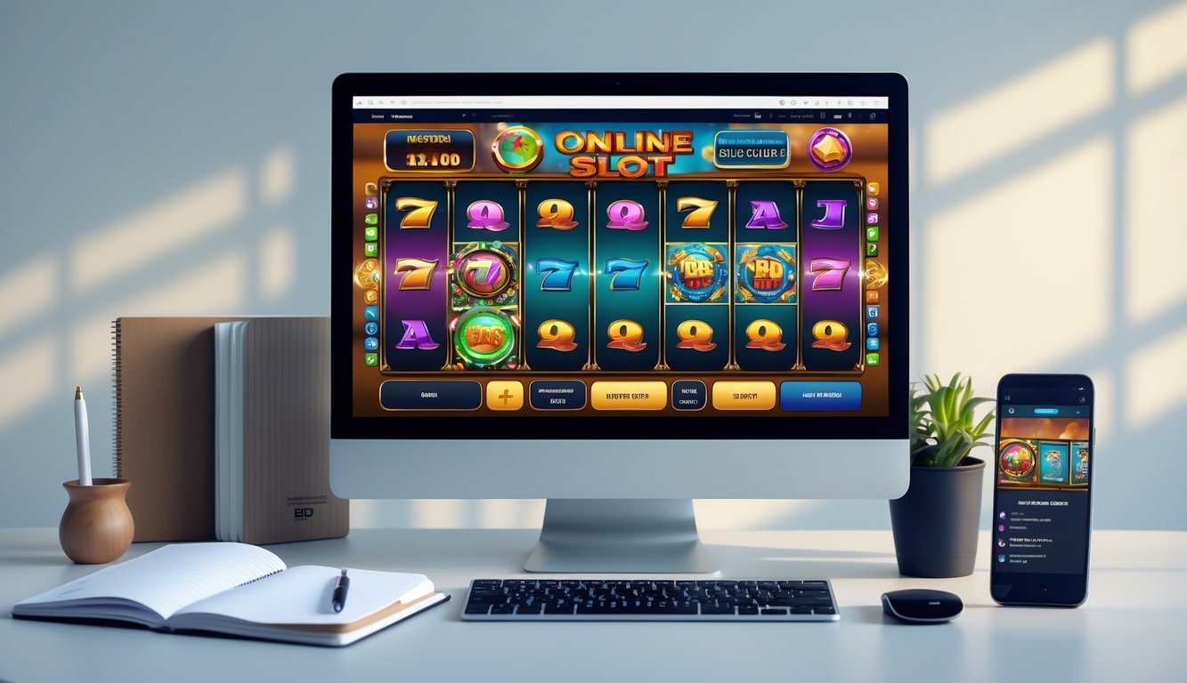 Seorang pengguna bermain permainan slot online di komputer dengan buku catatan dan ponsel di meja sebagai panduan.