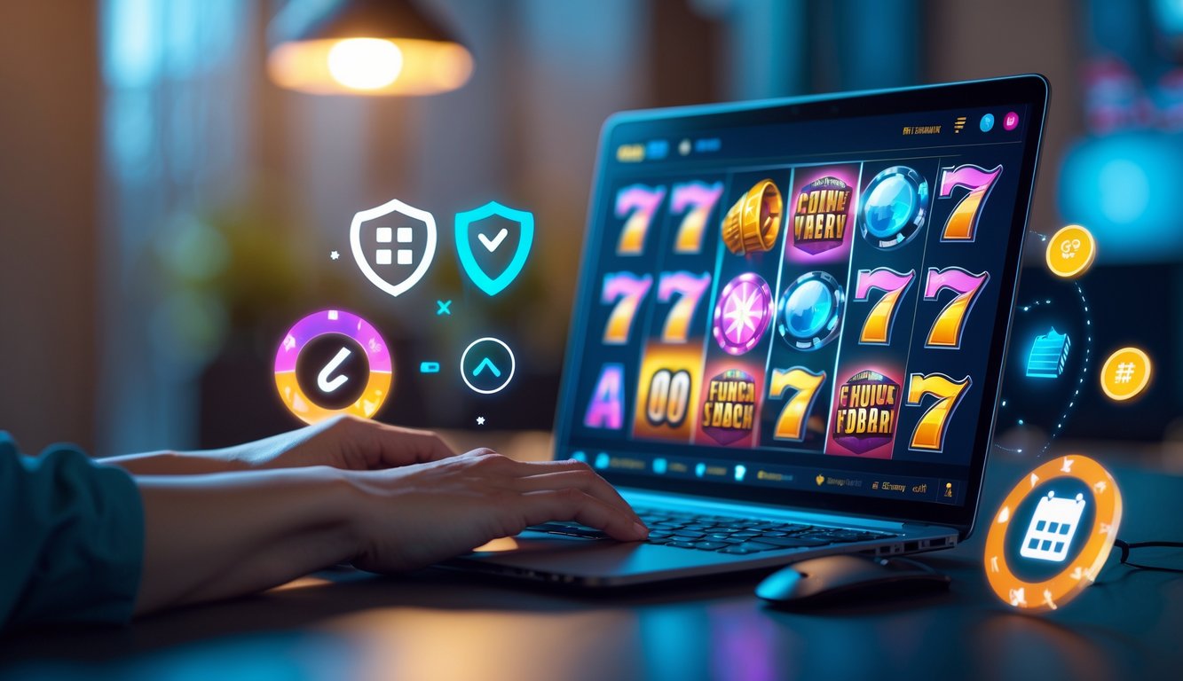 Seorang pengguna sedang menggunakan laptop dengan tampilan permainan slot online yang cerah di layar, di lingkungan kerja yang rapi dan terang.