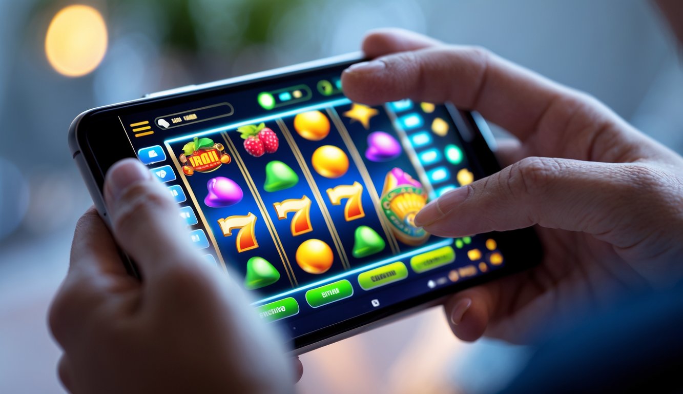 Tangan seseorang memegang ponsel dengan layar permainan slot online yang berwarna-warni dan mudah digunakan.