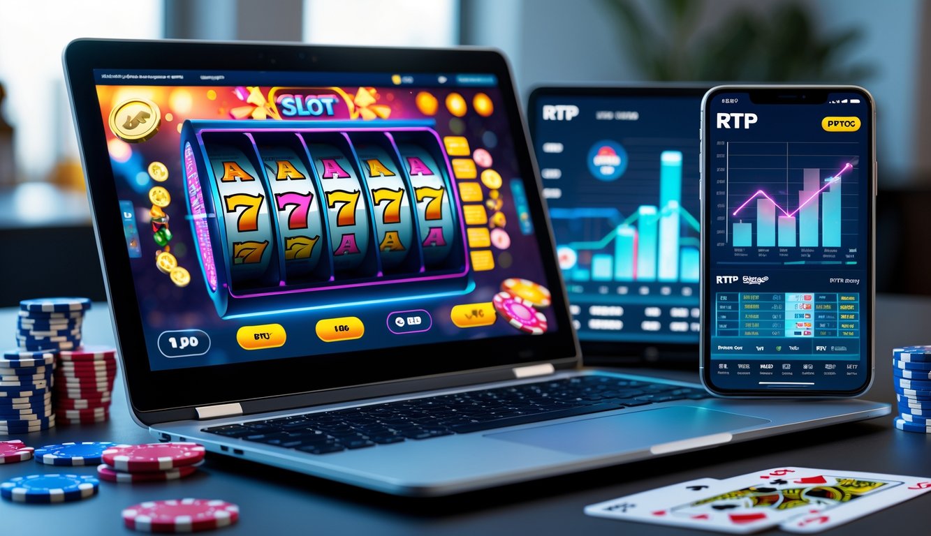 Sebuah laptop dan ponsel di atas meja menampilkan permainan slot online dan data statistik RTP terbaru.