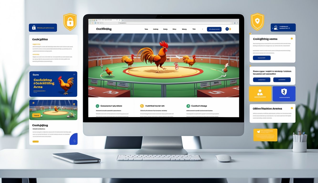 Sebuah komputer menampilkan situs web arena sabung ayam online dengan ilustrasi ayam jago sedang bertarung.