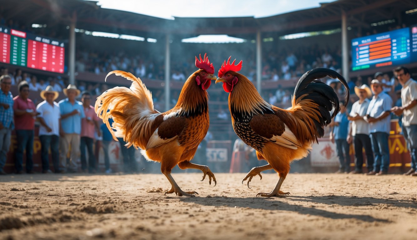 Dua ayam jago bertarung di arena dengan penonton yang mengamati dan menggunakan perangkat digital untuk melihat data pertandingan.