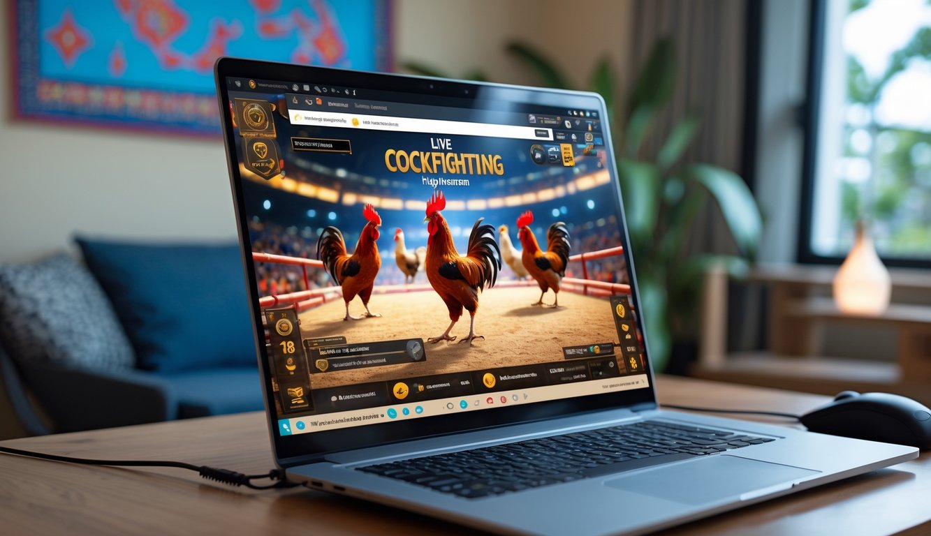 Seorang pengguna sedang melihat pertandingan sabung ayam secara online di komputer dengan latar belakang elemen budaya Indonesia.