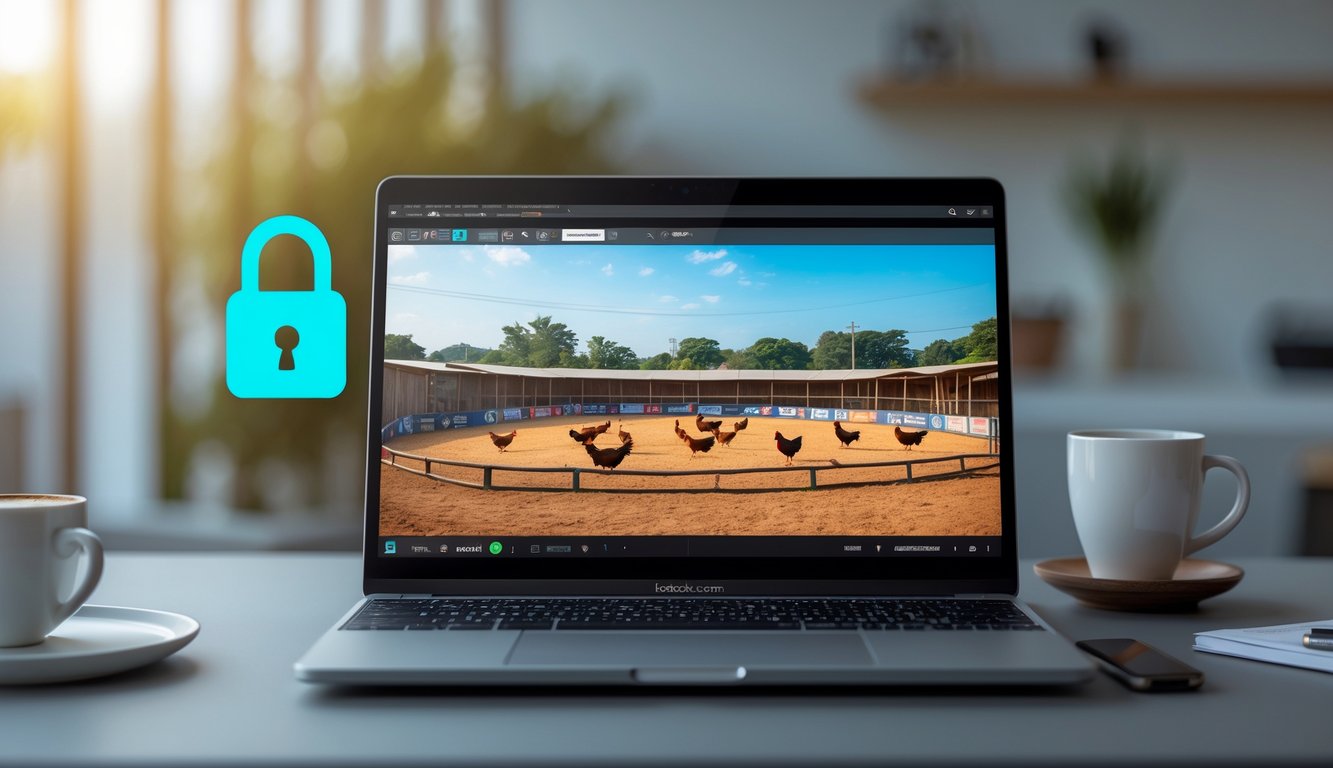 Sebuah layar komputer menampilkan siaran langsung pertandingan sabung ayam di arena terbuka dengan pencahayaan alami.