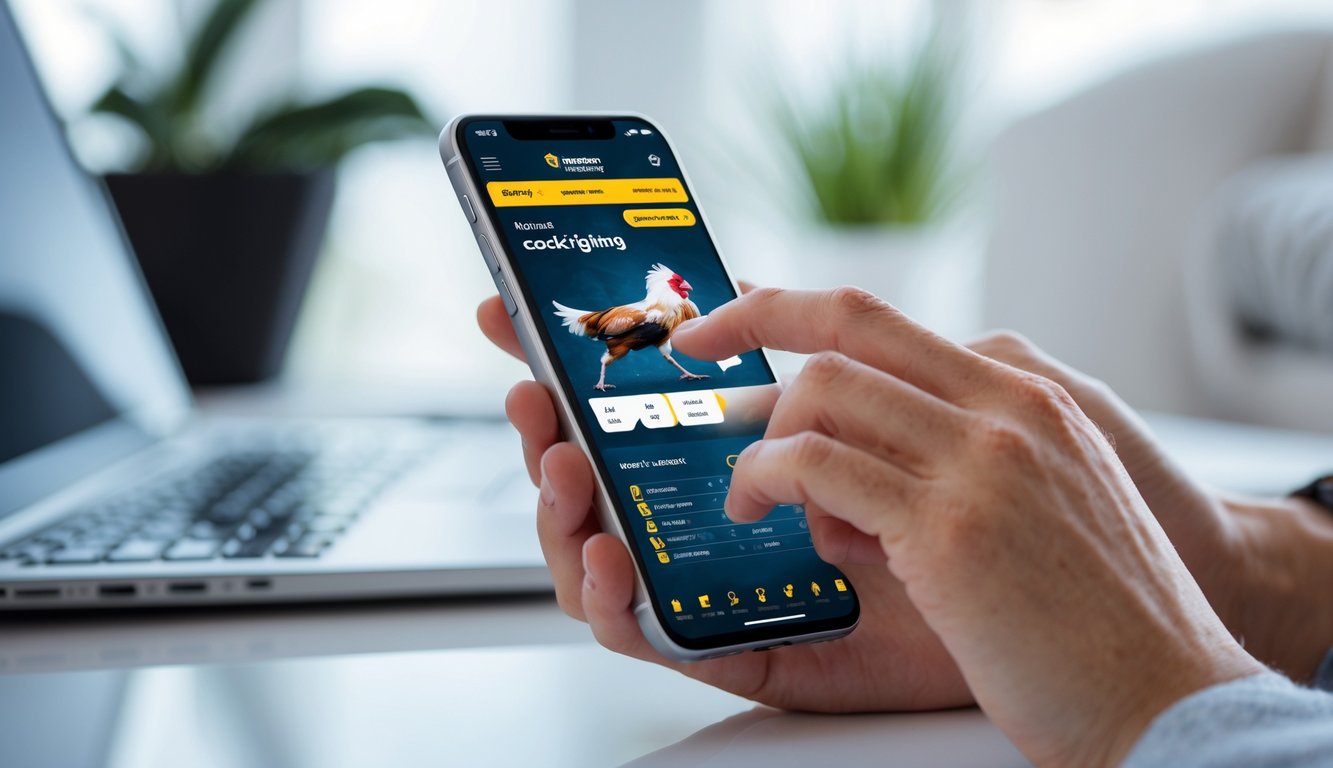 Seseorang menggunakan ponsel pintar dengan aplikasi taruhan sabung ayam online yang mudah diakses melalui perangkat mobile.