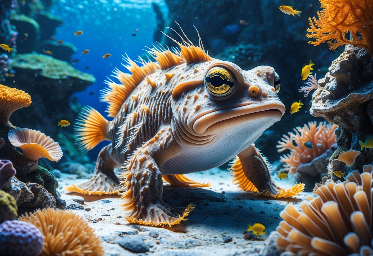 Gambaran ikan kodok berbulu langka di bawah laut dengan terumbu karang dan tanaman laut di sekitarnya.