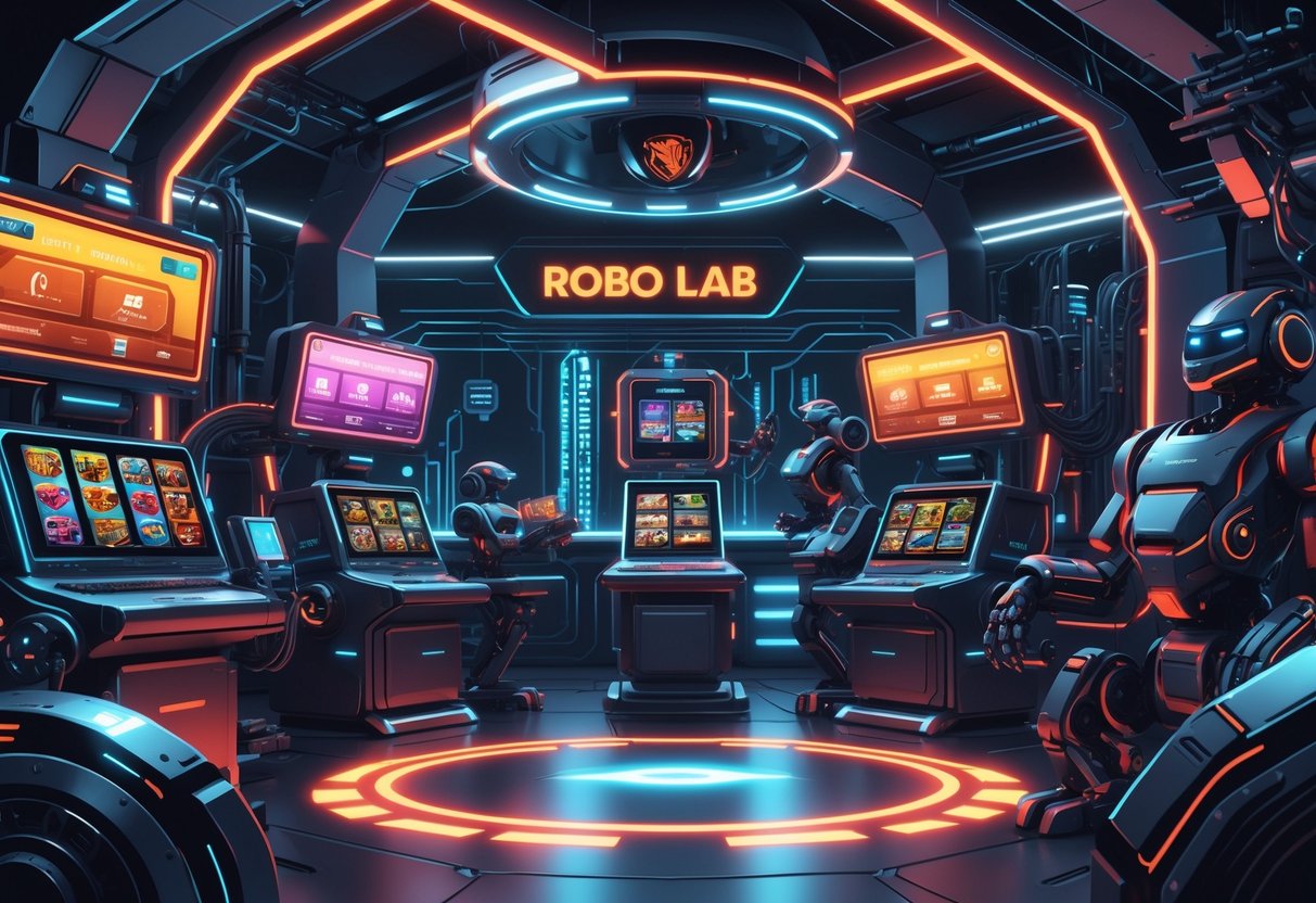 Ilustrasi sebuah laboratorium futuristik dengan mesin robot dan perangkat permainan slot canggih dalam suasana modern dan berteknologi tinggi.