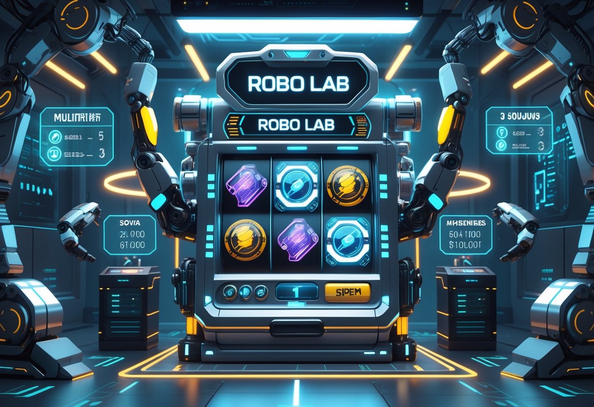 Ilustrasi laboratorium futuristik dengan mesin slot teknologi tinggi dan elemen robotik yang menunjukkan fitur unggulan permainan slot ROBO Lab.