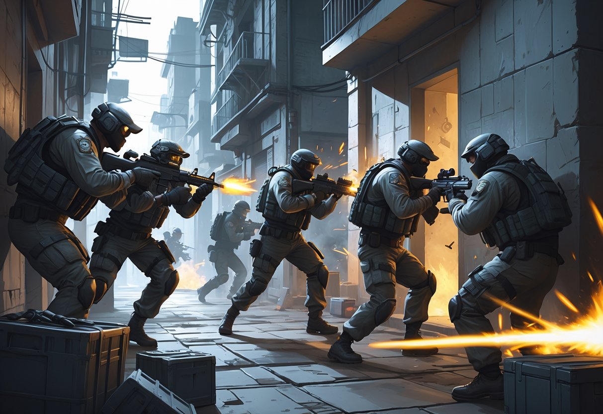 Adegan pertempuran intens dengan tentara berpakaian militer modern menggunakan senjata futuristik di lingkungan kota, menunjukkan aksi dan kerjasama dalam permainan FPS online.