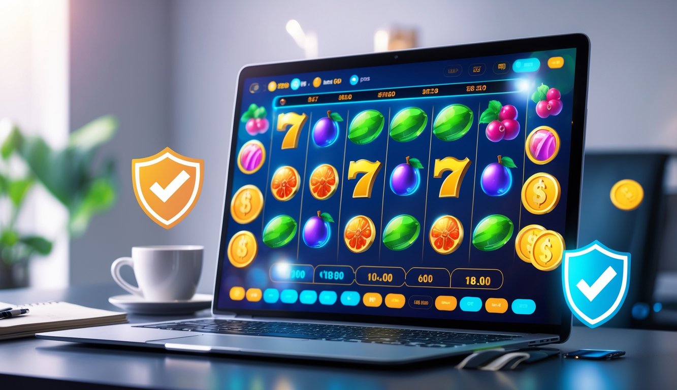 Layar komputer menampilkan permainan slot online berwarna-warni dengan simbol buah dan koin, di meja kerja yang rapi dan terang.