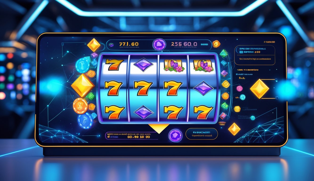 Tampilan antarmuka digital modern dengan mesin slot berwarna cerah dan elemen teknologi yang menunjukkan platform slot online resmi.