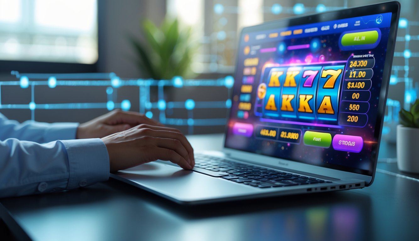 Seseorang menggunakan laptop dengan permainan slot online di layar, di ruang kerja yang rapi dan terang dengan latar belakang garis koneksi digital.