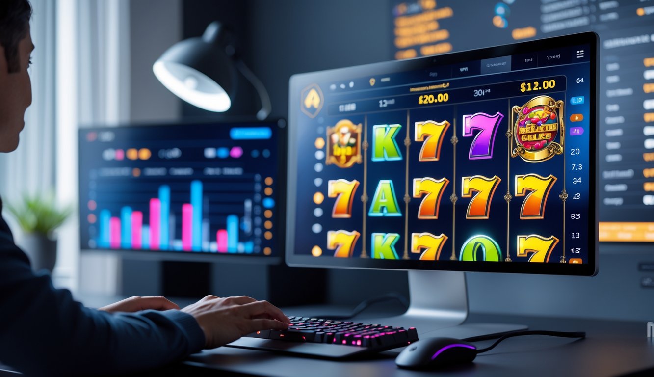 Seseorang menggunakan komputer dengan layar menampilkan permainan slot online dan grafik data di ruang kerja modern.