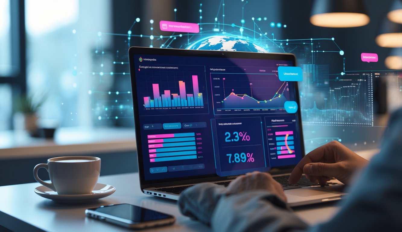 Seseorang sedang menggunakan laptop dengan tampilan data dan grafik di meja kerja yang rapi dan modern.