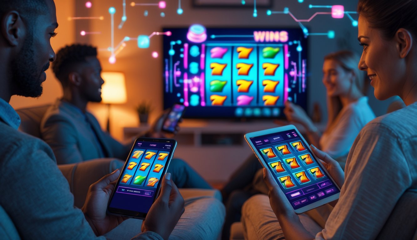 Beberapa orang menggunakan ponsel dan tablet untuk bermain slot online di ruang tamu yang nyaman.