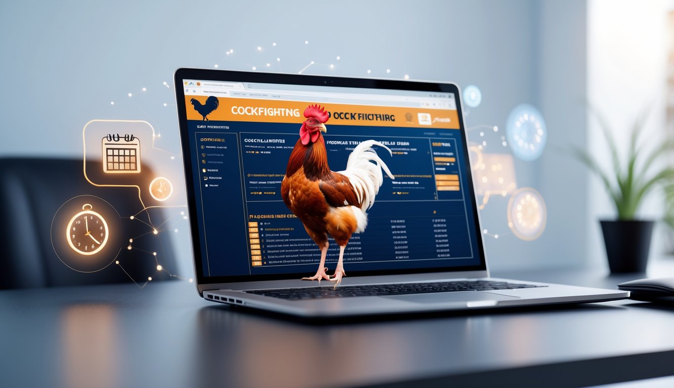 Seorang pengguna melihat laptop dengan tampilan jadwal lengkap pertandingan sabung ayam online di meja kerja yang rapi.