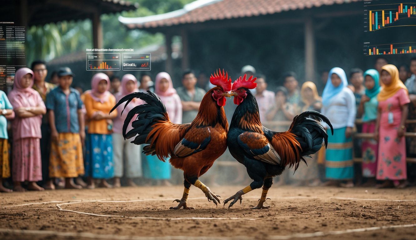 Dua ayam jago sedang bertarung di arena tradisional dengan penonton yang memperhatikan pertandingan di sekitarnya.