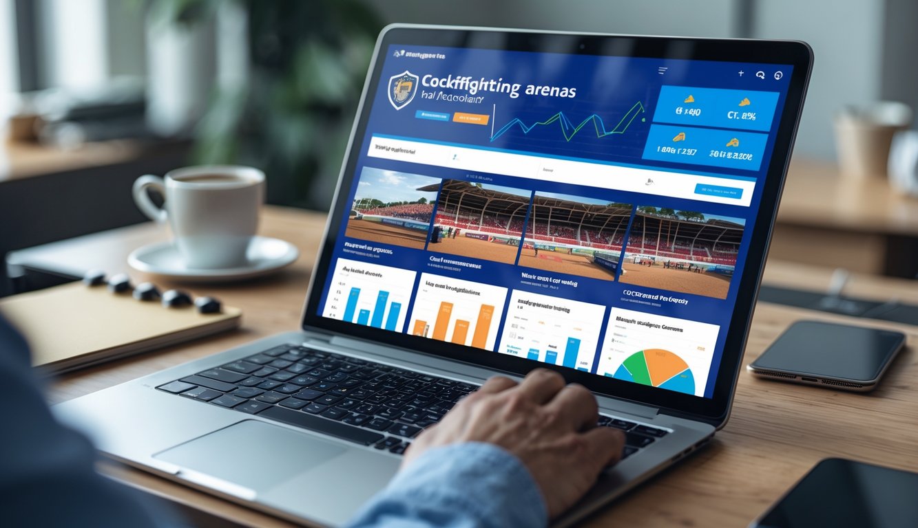 Layar perangkat digital menampilkan antarmuka portal sabung ayam online dengan gambar arena sabung ayam dan indikator pembaruan harian.