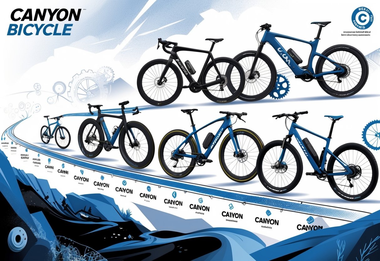 Ilustrasi yang menampilkan perkembangan berbagai model sepeda Canyon dari masa ke masa dengan latar belakang elemen sepeda dan teknologi.