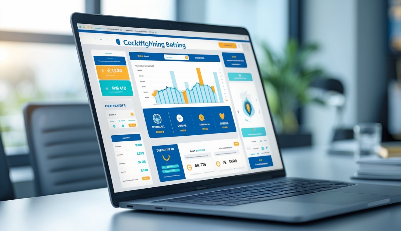 Seorang pengguna sedang melihat layar komputer yang menampilkan situs web dengan grafik dan ikon terkait sabung ayam, di ruang kerja yang rapi dan terang.