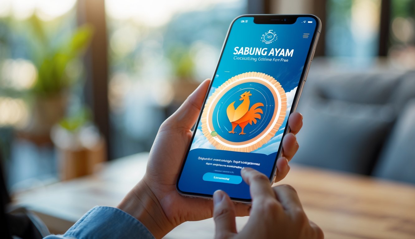 Seseorang memegang ponsel dengan tampilan aplikasi Sabung Ayam online yang ramah seluler, di lingkungan dalam ruangan yang nyaman.