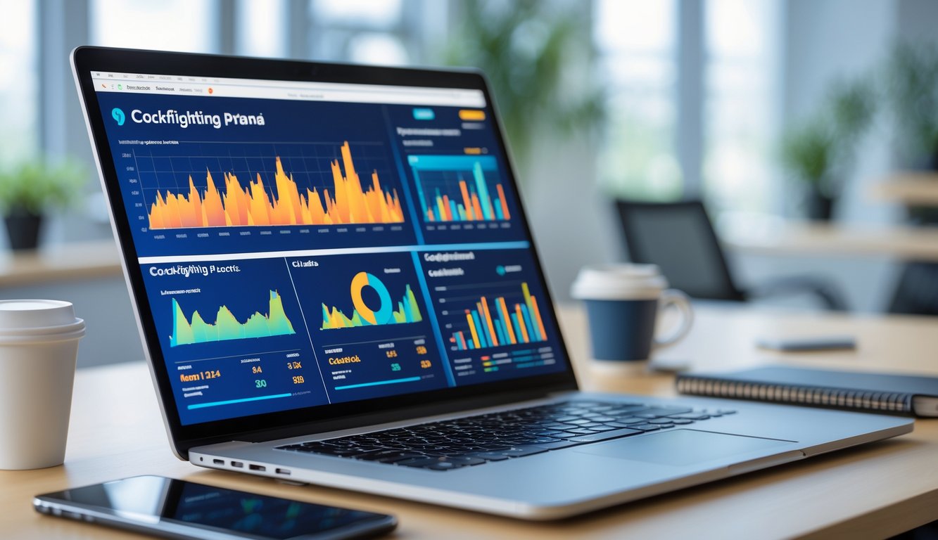 Seorang pria menggunakan komputer dengan layar yang menampilkan grafik dan data terkait arena sabung ayam secara online.