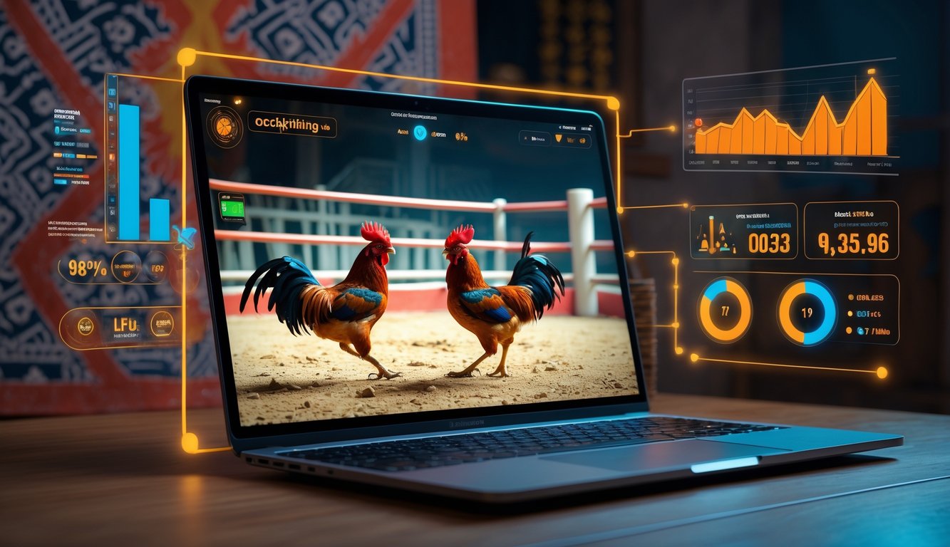 Seorang pengguna melihat pertandingan sabung ayam secara online di layar perangkat dengan gambar dua ayam jago bertarung di arena tradisional.