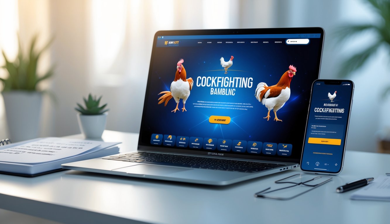 Seorang pria menggunakan laptop di meja kerja dengan tampilan situs web online sabung ayam yang terpercaya, dikelilingi oleh buku catatan dan ponsel.