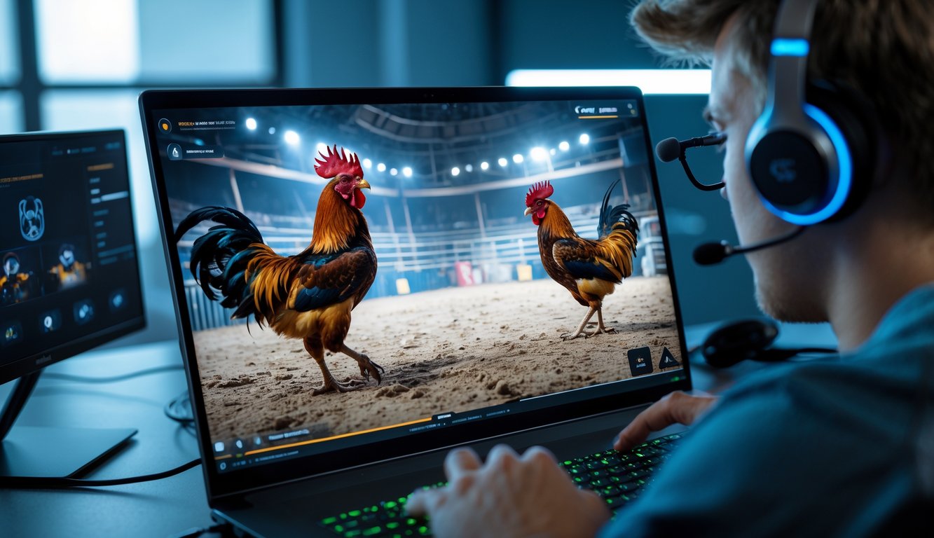 Seorang pria menonton siaran langsung pertandingan sabung ayam di layar komputer di dalam ruangan modern.
