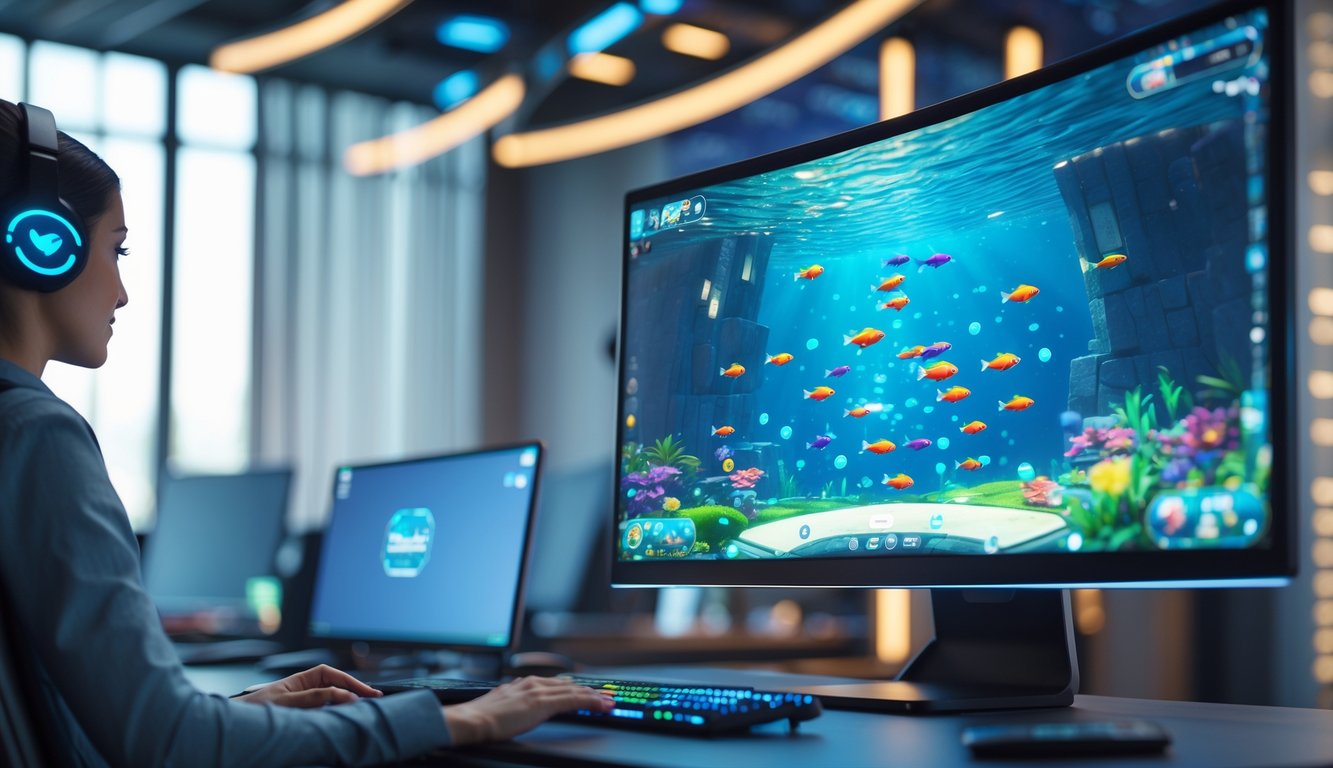 Layar komputer menampilkan permainan tembak ikan online dengan ikan berwarna-warni di latar bawah laut dalam ruangan gaming modern.