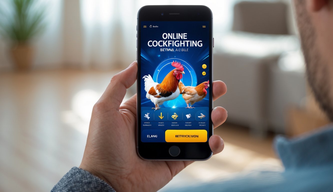 Seseorang memegang ponsel yang menampilkan aplikasi taruhan sabung ayam online dengan latar belakang ruangan yang nyaman.