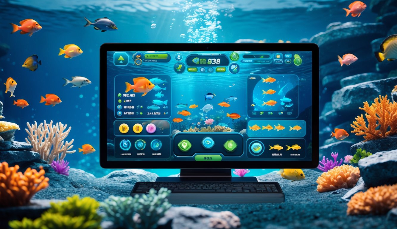 Tampilan layar permainan memancing ikan online dengan latar bawah laut penuh ikan berwarna-warni dan terumbu karang.