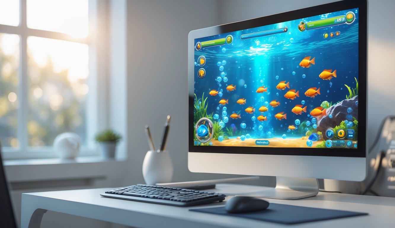 Layar komputer menampilkan permainan tembak ikan online dengan ikan berwarna-warni di dalam arena bawah laut.