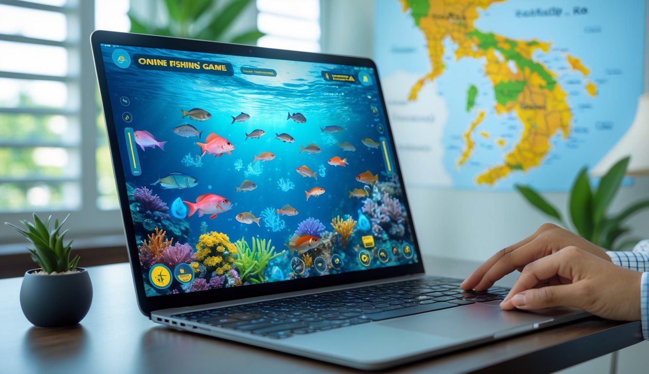 Seseorang menggunakan perangkat digital yang menampilkan permainan memancing ikan secara online dengan latar belakang elemen budaya Indonesia.