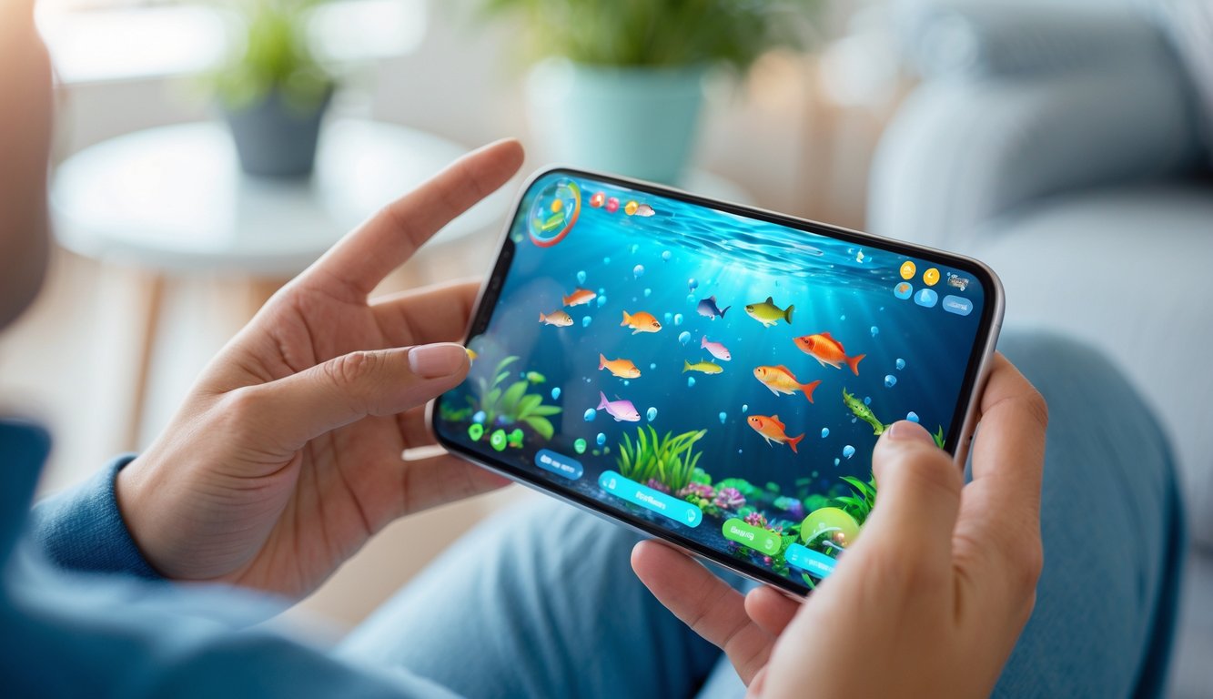 Seseorang memegang smartphone yang menampilkan permainan ikan online dengan latar belakang dalam ruangan yang terang.