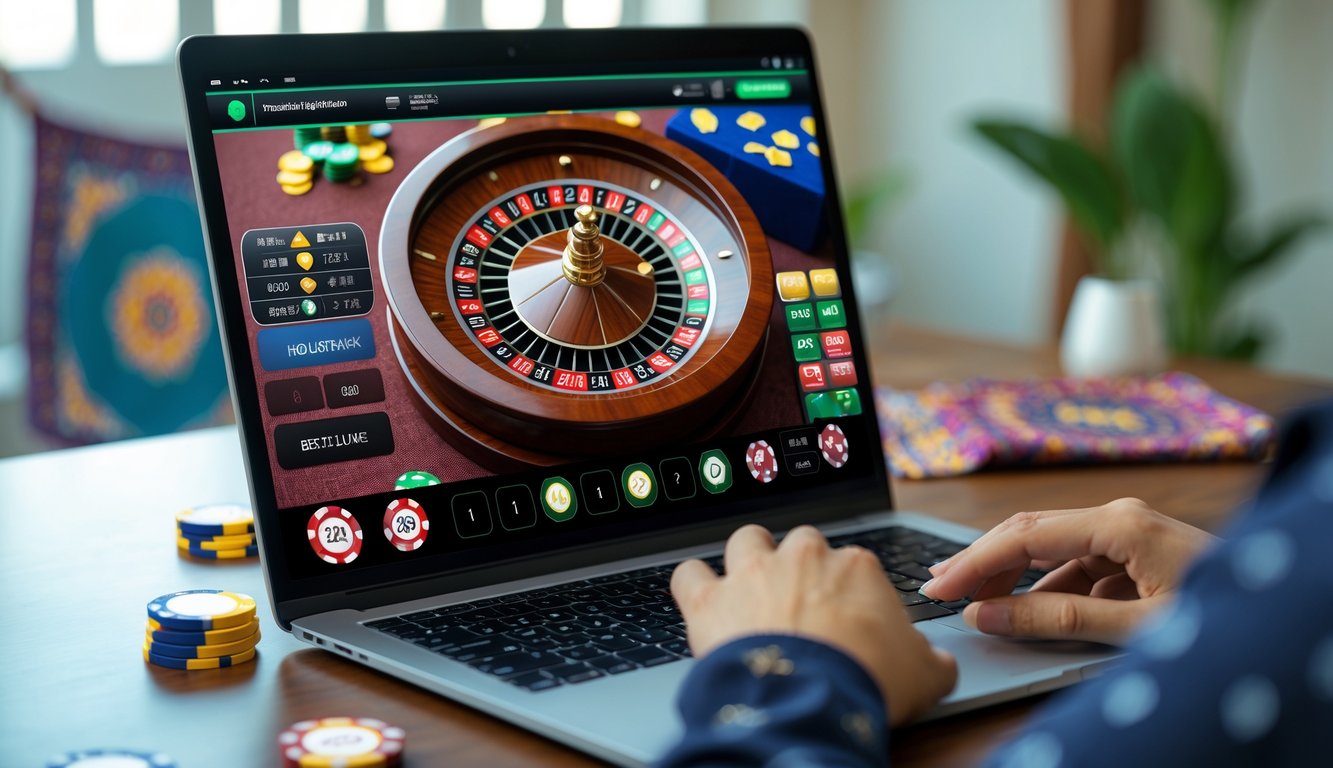 Seseorang menggunakan komputer dengan permainan roulette online di layar, di meja terdapat hiasan batik kecil.