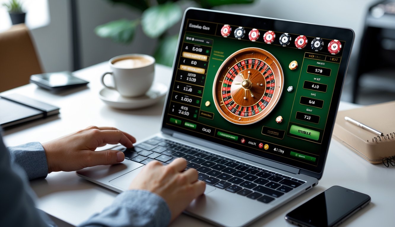 Sebuah meja kerja dengan komputer yang menampilkan permainan roulette online dengan tampilan roda roulette dan opsi taruhan yang jelas.