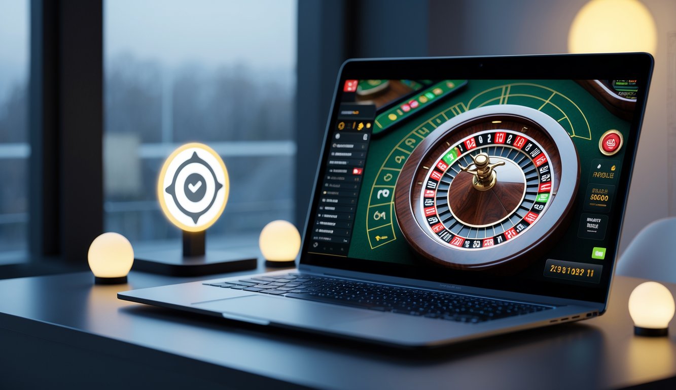 Sebuah meja dengan komputer yang menampilkan roda roulette online dan suasana yang tenang dan profesional.