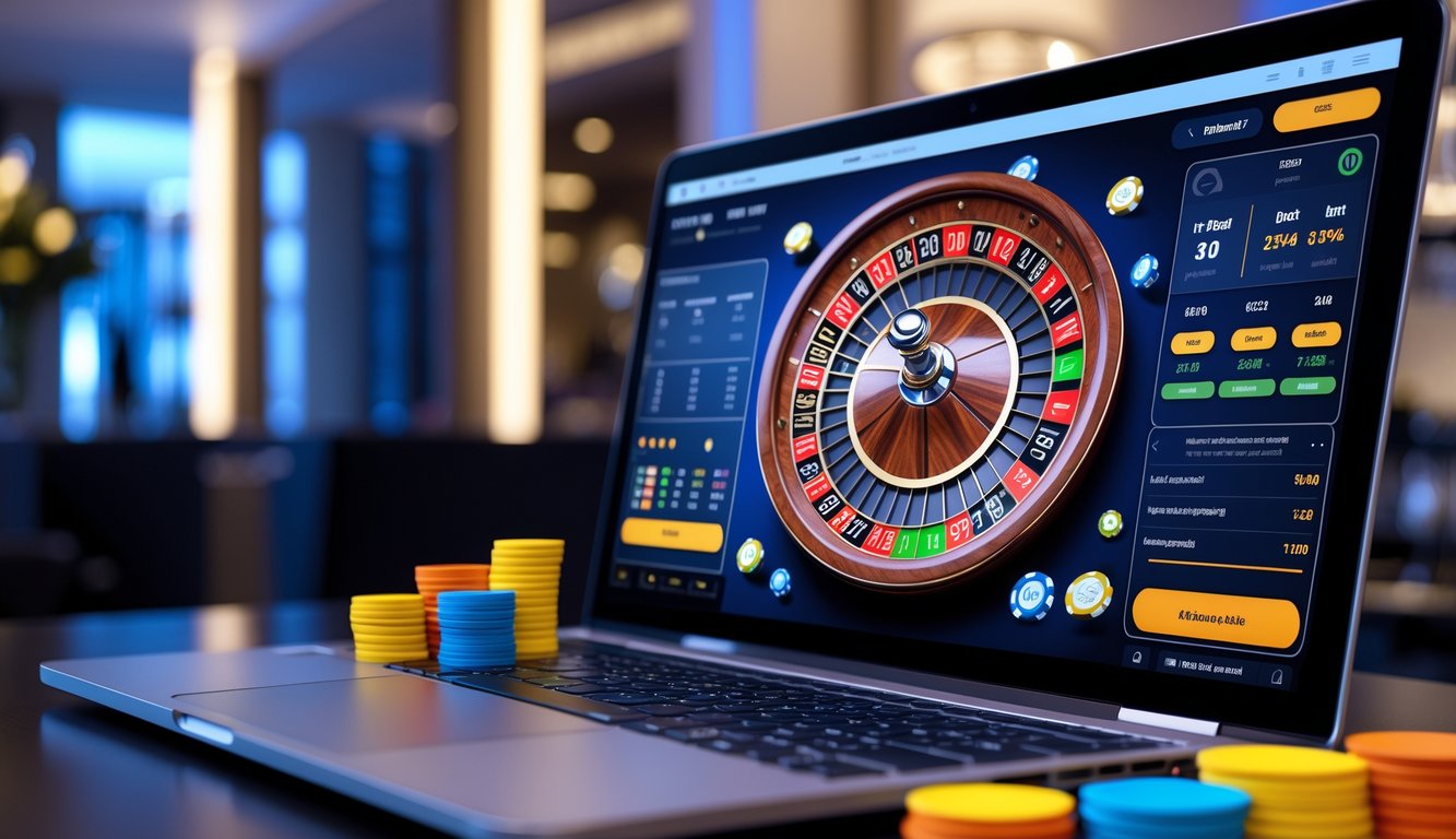 Sebuah komputer menampilkan permainan roulette online dengan roda roulette dan chip berwarna-warni di meja taruhan.