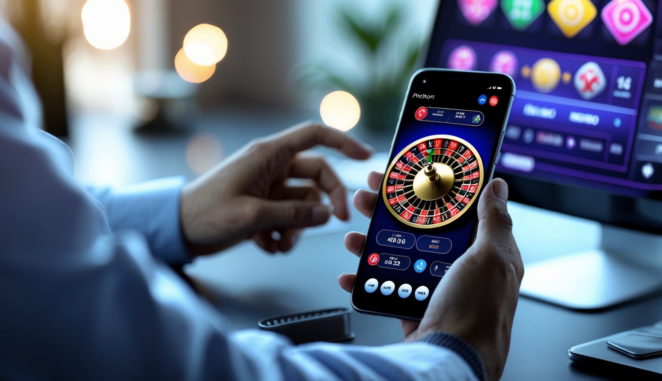Seseorang menggunakan ponsel untuk bermain roulette online di lingkungan rumah yang nyaman.