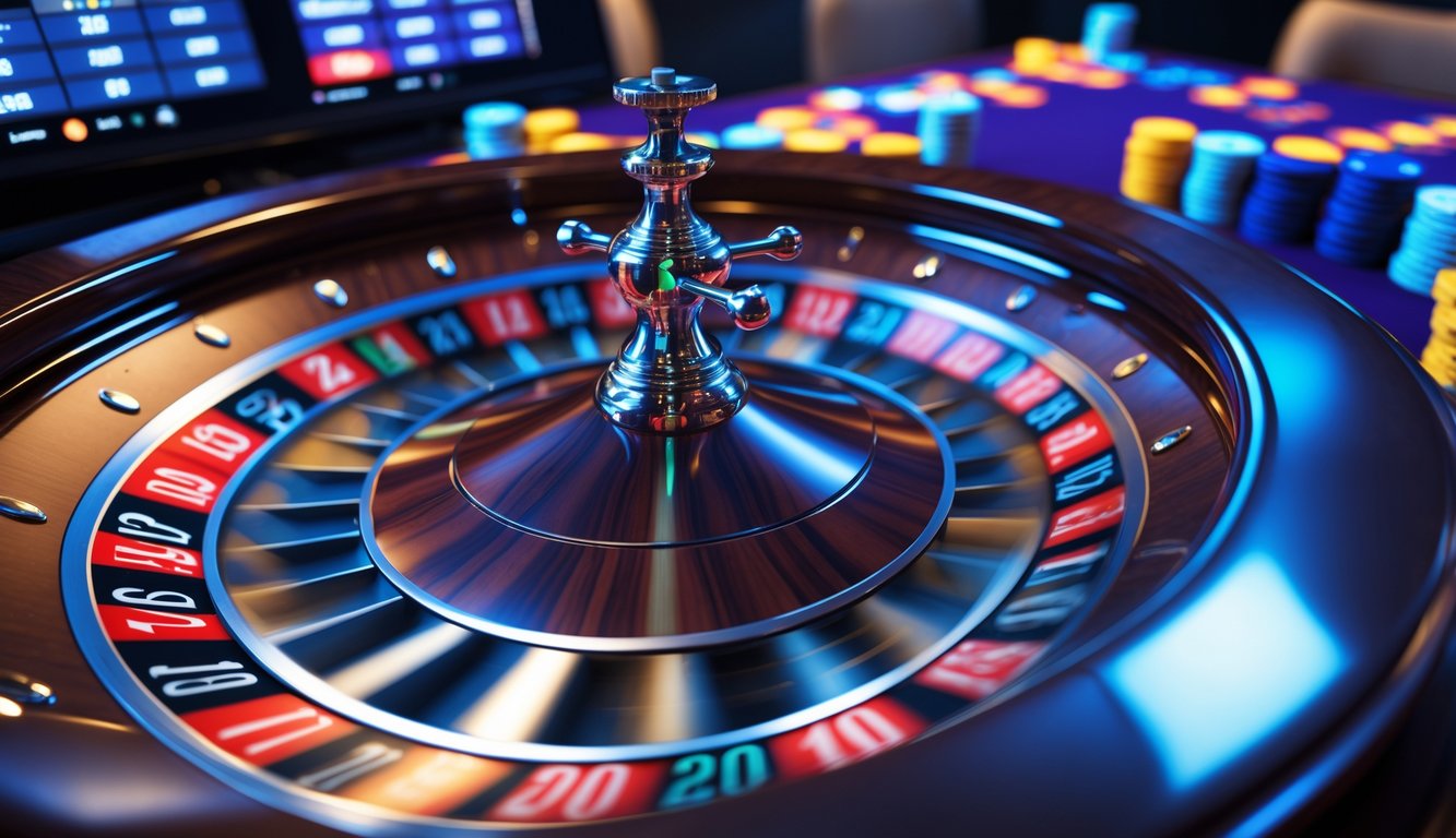 Meja roulette online dengan roda roulette berputar dan tampilan taruhan digital dalam streaming langsung.