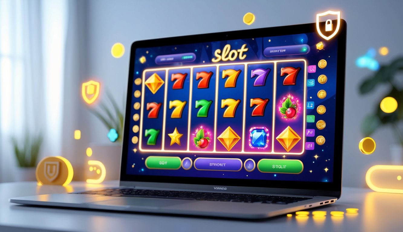 Sebuah layar komputer menampilkan permainan slot online dengan berbagai simbol berwarna-warni, dikelilingi oleh elemen yang menunjukkan keamanan dan kepercayaan.
