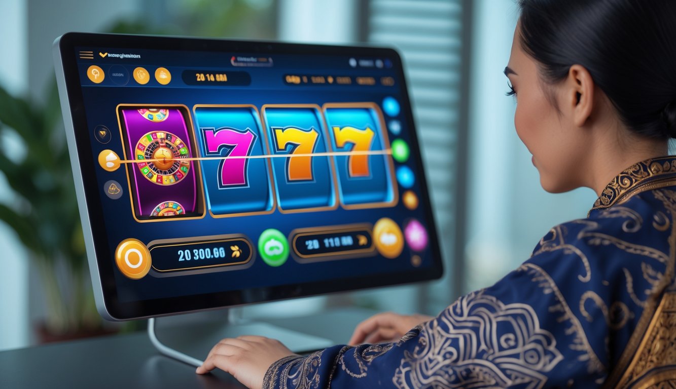 Seseorang menggunakan perangkat digital dengan tampilan permainan slot online yang cerah dan stabil di lingkungan yang modern.