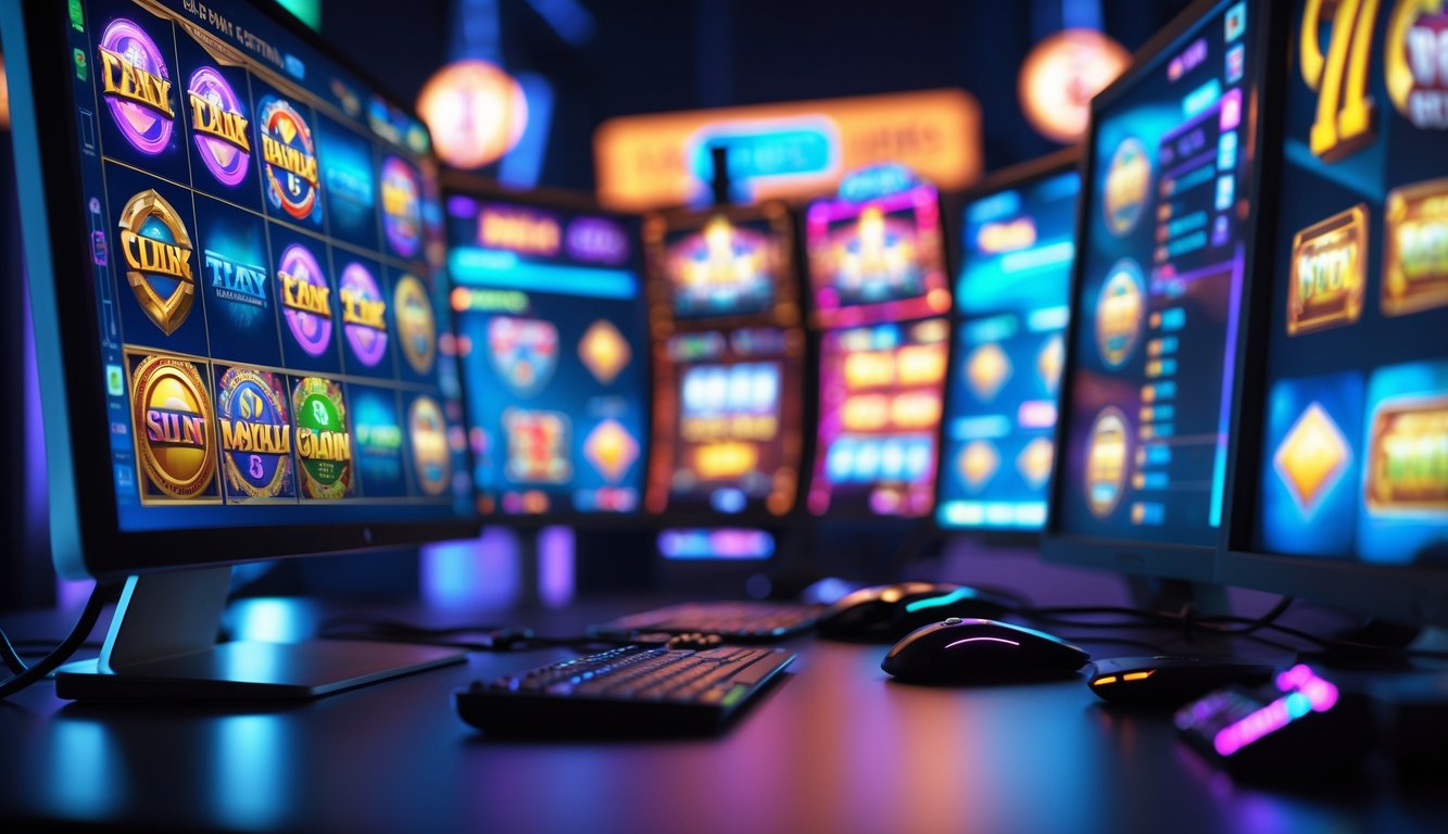 Sebuah meja komputer dengan beberapa layar menampilkan permainan slot online yang berwarna-warni dan dinamis.