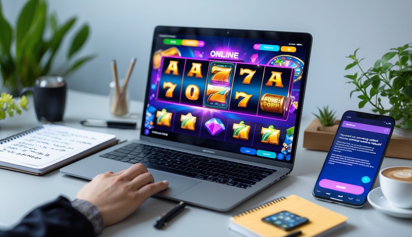 Sebuah meja kerja dengan komputer yang menampilkan permainan slot online dan buku catatan serta ponsel di sampingnya.