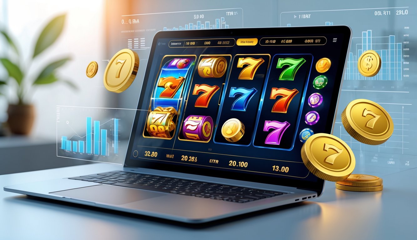 Layar komputer menampilkan permainan slot online dengan grafik warna-warni dan simbol keberuntungan, dikelilingi oleh elemen data dan grafik statistik.