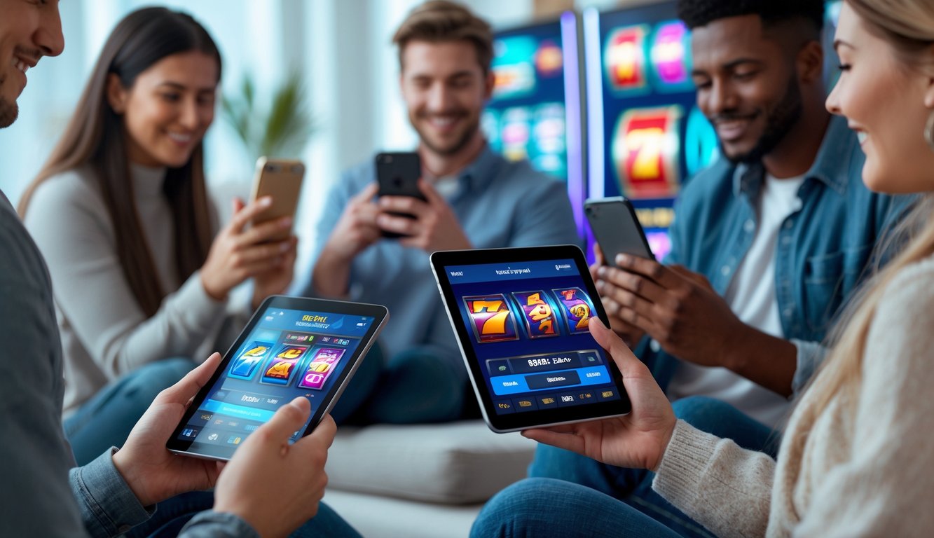 Beberapa orang menggunakan ponsel dan tablet untuk bermain permainan slot online di ruangan yang nyaman.