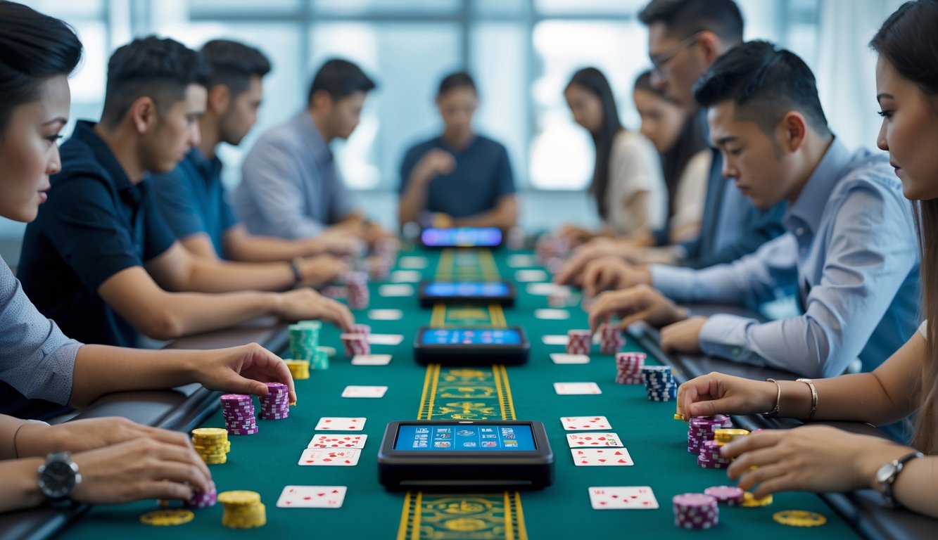 Meja judi ceme yang rapi dengan kartu, chip, dan perangkat digital, dikelilingi oleh beberapa orang yang fokus bermain.