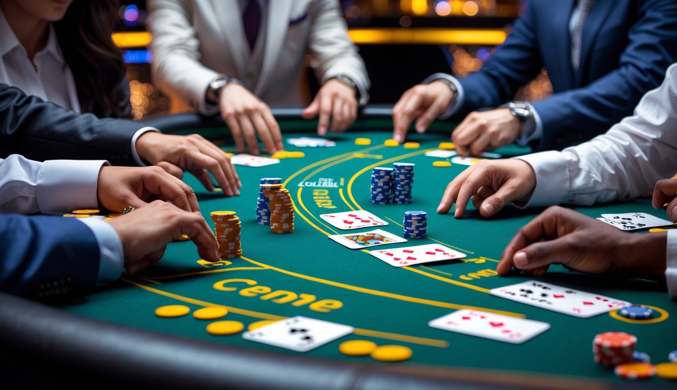 Meja permainan judi Ceme dengan kartu dan chip, pemain sedang bermain di kasino modern.